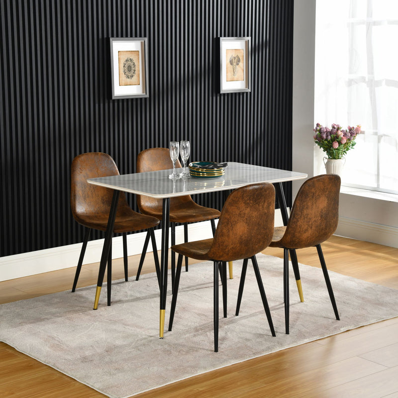 Ensemble table pierre blanche brillante et 4 chaises scandinaves rétros WHALEN STONE MARBLE TABLE BG+CHARLTON SUEDE BROWN S FRXZ