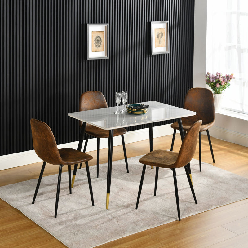 Ensemble table pierre blanche brillante et 4 chaises scandinaves rétros WHALEN STONE MARBLE TABLE BG+CHARLTON SUEDE BROWN S FRXZ