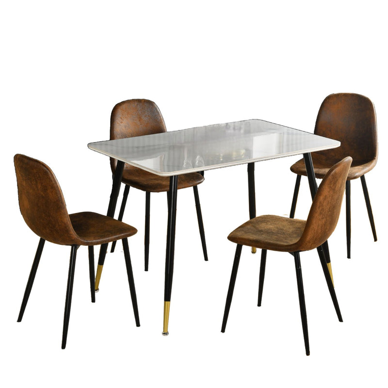 Ensemble table pierre blanche brillante et 4 chaises scandinaves rétros WHALEN STONE MARBLE TABLE BG+CHARLTON SUEDE BROWN S FRXZ