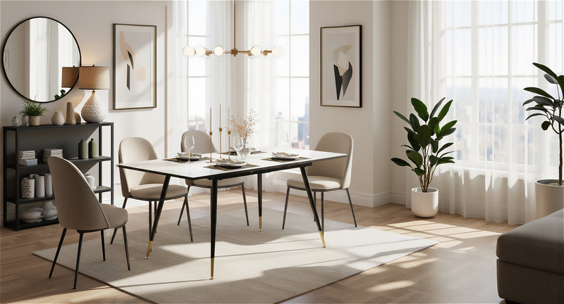 Table de salle à manger rectangulaire extensible blanche effet marbre de style scandinave pieds points dorés 120-160 WHALEN WHITE MARBLE STRETCH TABLE BG