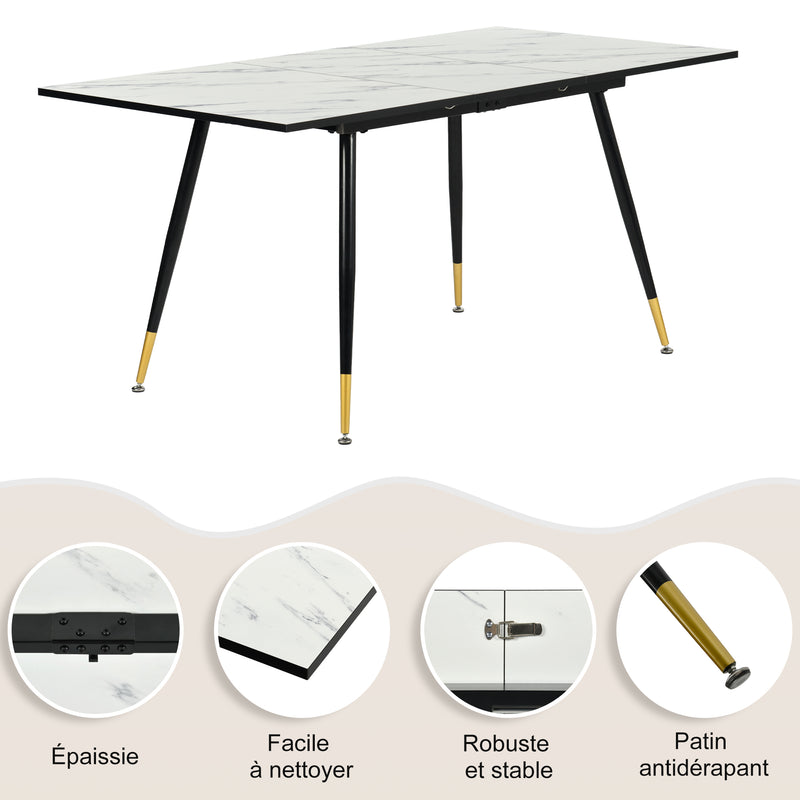 Table de salle à manger rectangulaire extensible blanche effet marbre de style scandinave pieds points dorés 120-160 WHALEN WHITE MARBLE STRETCH TABLE BG