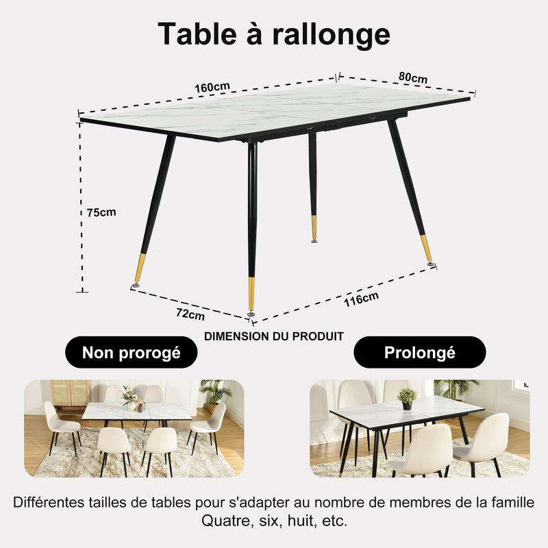 Table de salle à manger rectangulaire extensible blanche effet marbre de style scandinave pieds points dorés 120-160 WHALEN WHITE MARBLE STRETCH TABLE BG