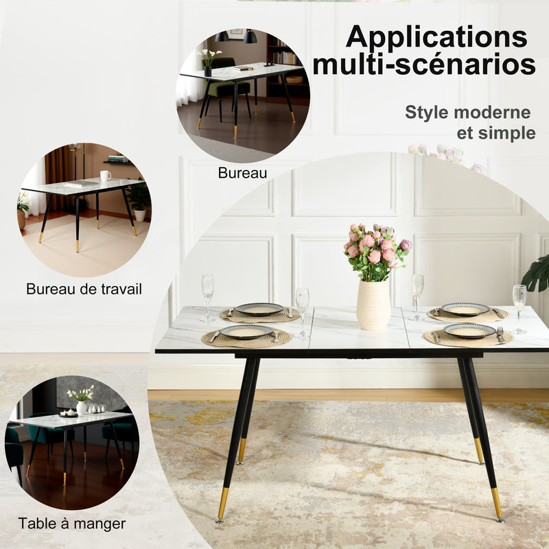 Table de salle à manger rectangulaire extensible blanche effet marbre de style scandinave pieds points dorés 120-160 WHALEN WHITE MARBLE STRETCH TABLE BG
