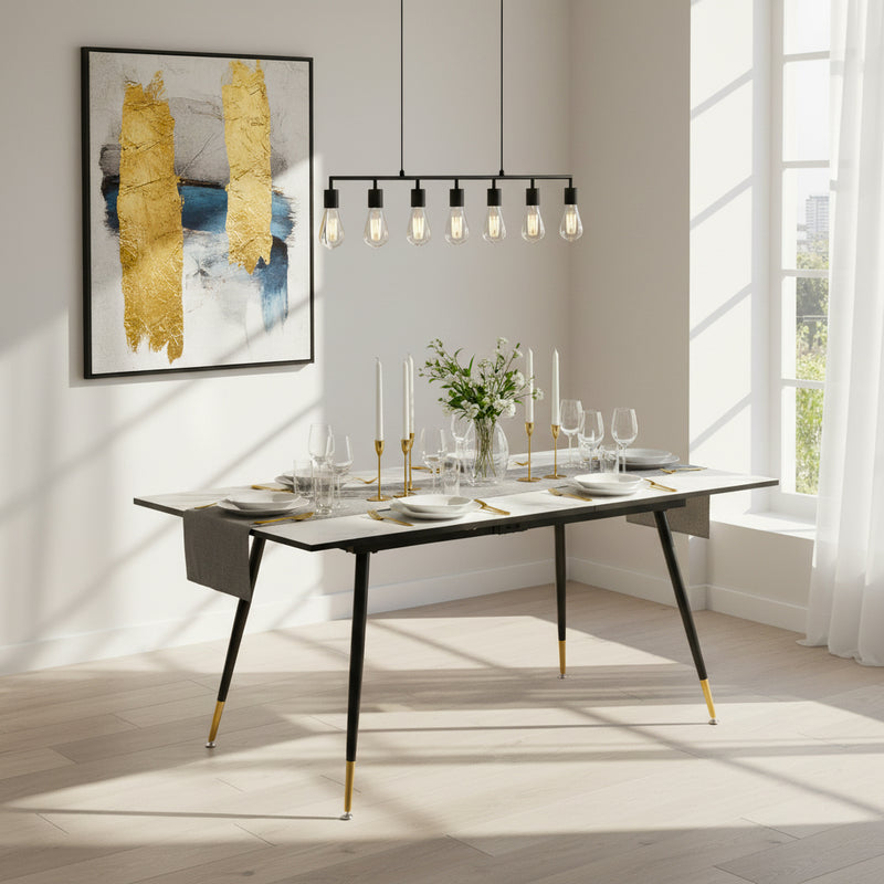 Table de salle à manger rectangulaire extensible blanche effet marbre de style scandinave pieds points dorés 120-160 WHALEN WHITE MARBLE STRETCH TABLE BG