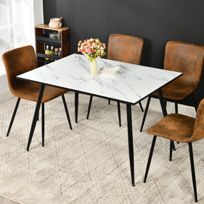 Ensemble table extensible effet marbre blanc 120-160cm et 4 chaises style scandinaves retros WHALEN WHITE MARBLE STRETCH TABLE BLACK LEG+SCARGILL SUEDE NL 4PCS