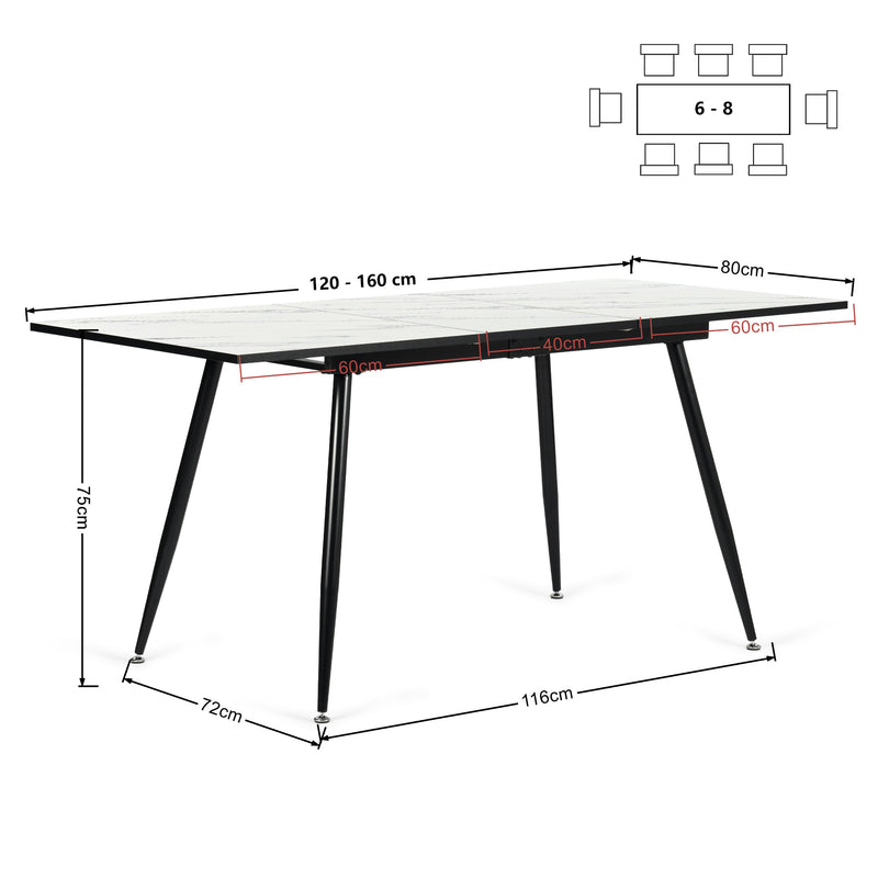 Ensemble table extensible effet marbre blanche 120-160 et 4 chaises pivotantes tissu beige WHALEN WHITE MARBLE STRETCH TABLE BLACK LEG+CALIFORNIA KD BEIGE SWIVEL*2