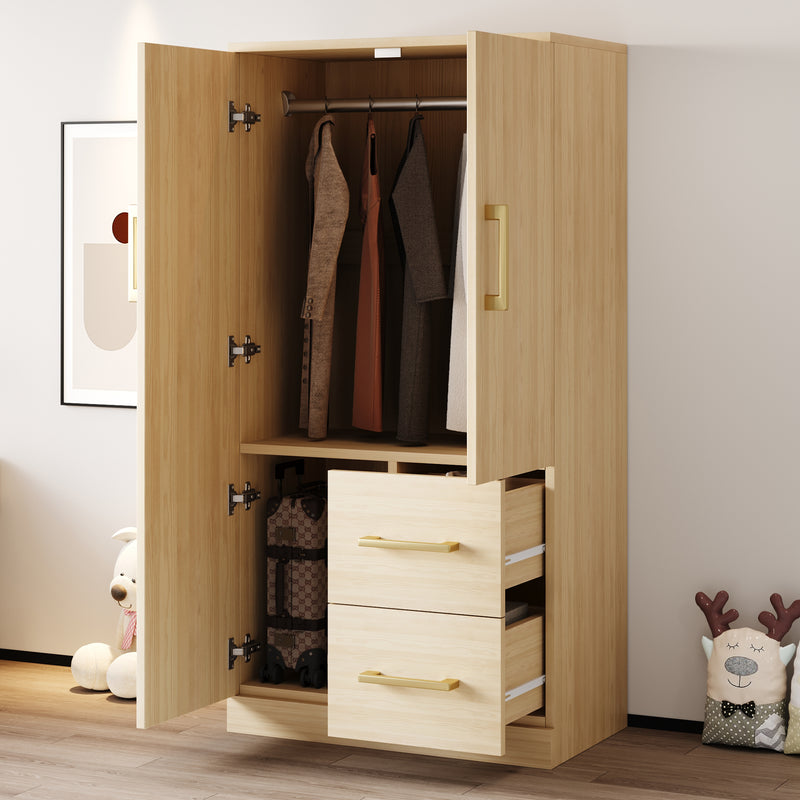 Armoire effet bois naturel avec double porte, et 2 tiroirs 70x40x135cm WAXINGHORN