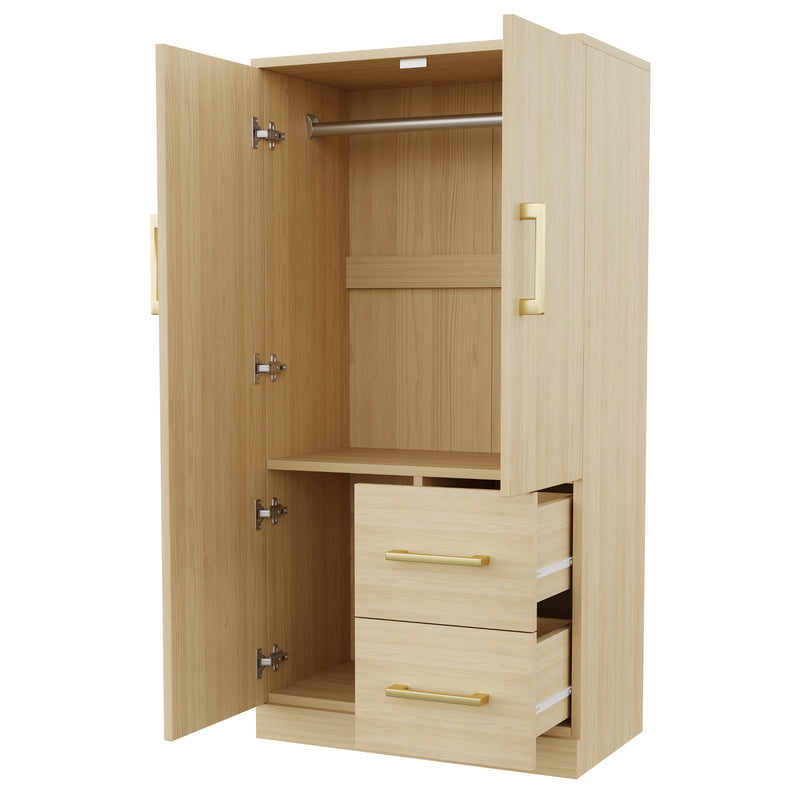 Armoire effet bois naturel avec double porte, et 2 tiroirs 70x40x135cm WAXINGHORN