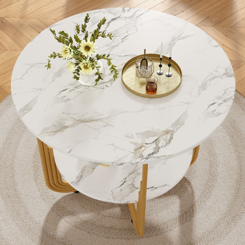 Table de salle à manger ronde chic doré avec effet marbre blanc XECOTS