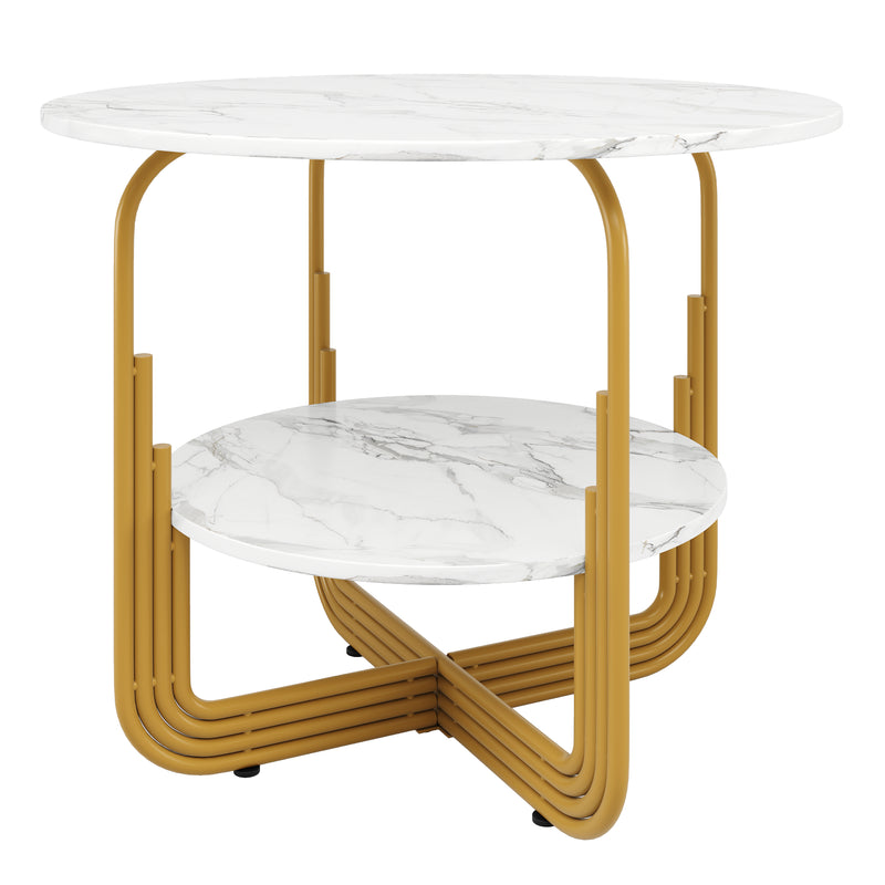 Table de salle à manger ronde chic doré avec effet marbre blanc XECOTS