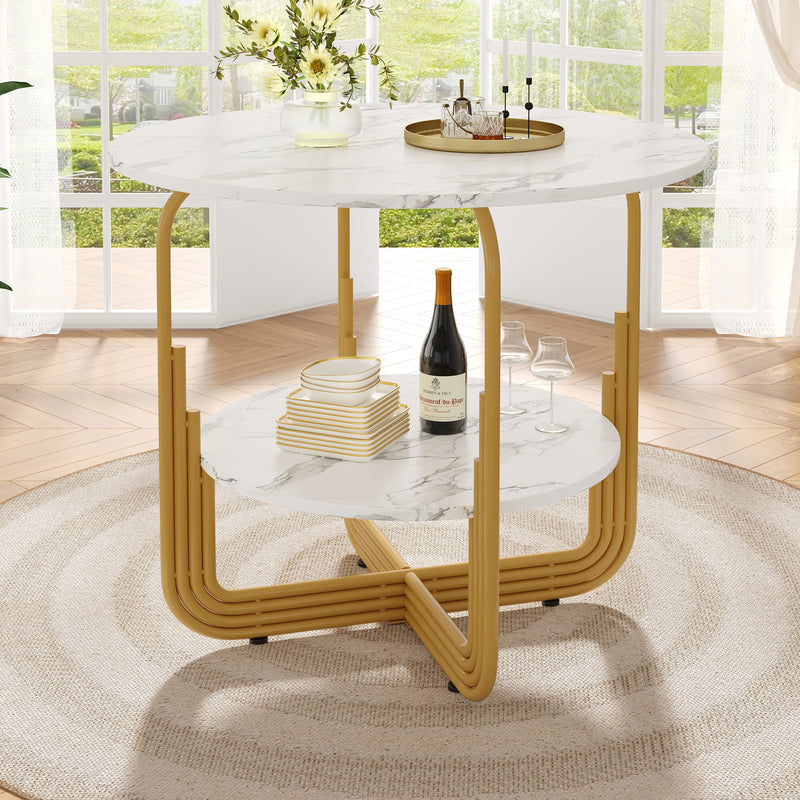 Table de salle à manger ronde chic doré avec effet marbre blanc XECOTS