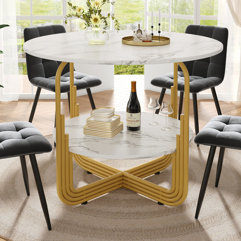 Table de salle à manger ronde chic doré avec effet marbre blanc XECOTS