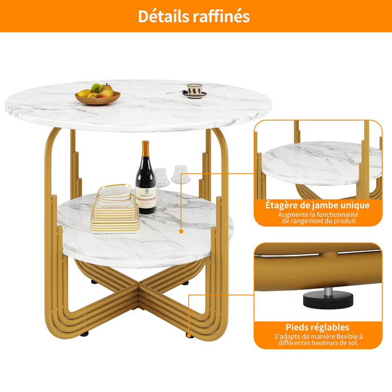 Table de salle à manger ronde chic doré avec effet marbre blanc XECOTS