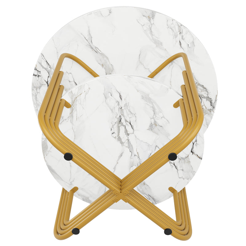 Table de salle à manger ronde chic doré avec effet marbre blanc XECOTS