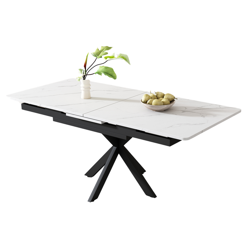 Table de salle à manger rectangulaire extensible effet marbre blanc pieds noirs croisés L150/180*L70*H76cm XUCZA