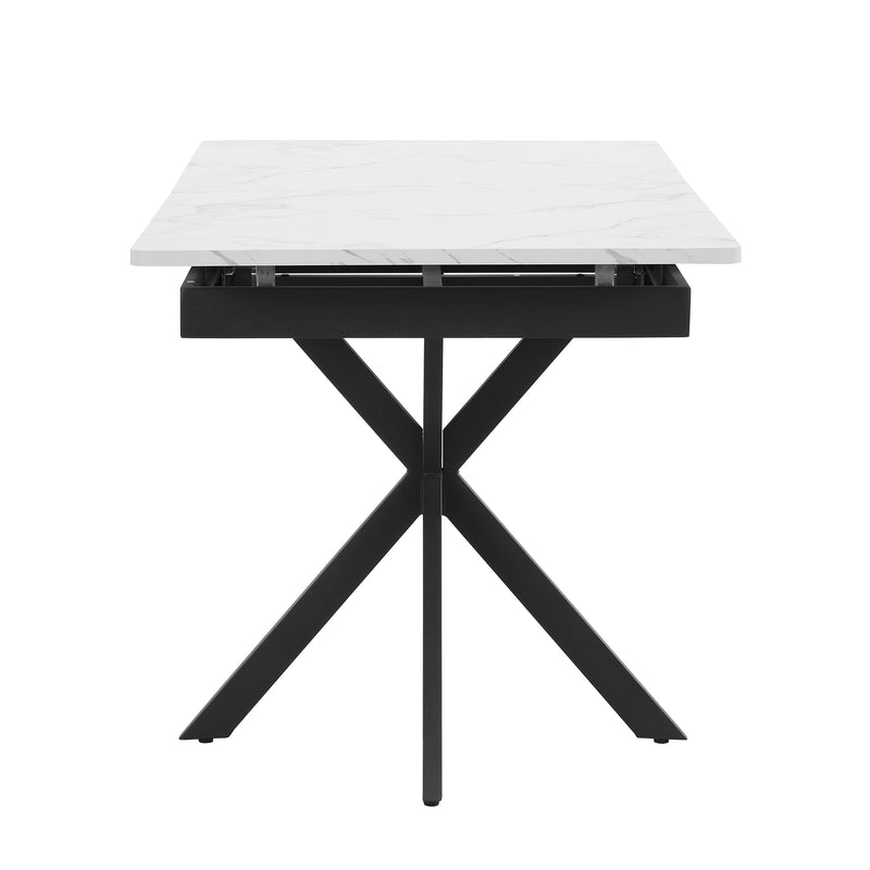 Table de salle à manger rectangulaire extensible effet marbre blanc pieds noirs croisés L150/180*L70*H76cm XUCZA