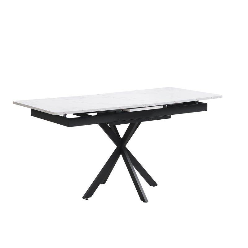 Table de salle à manger rectangulaire extensible effet marbre blanc pieds noirs croisés L150/180*L70*H76cm XUCZA