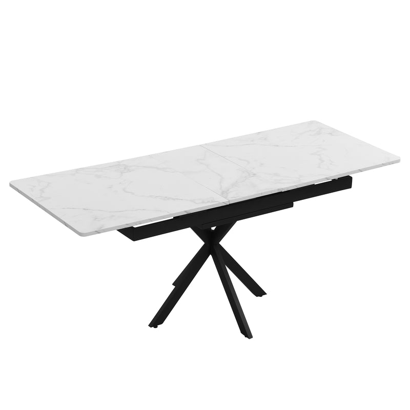 Table de salle à manger rectangulaire extensible effet marbre blanc pieds noirs croisés L150/180*L70*H76cm XUCZA