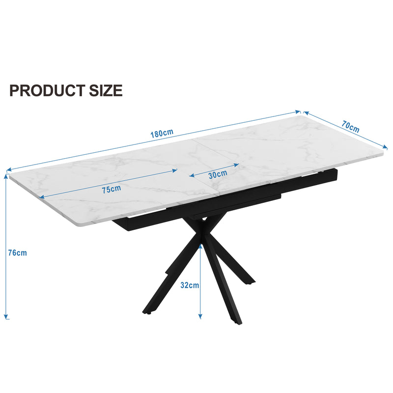 Table de salle à manger rectangulaire extensible effet marbre blanc pieds noirs croisés L150/180*L70*H76cm XUCZA