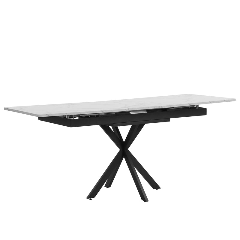 Table de salle à manger rectangulaire extensible effet marbre blanc pieds noirs croisés L150/180*L70*H76cm XUCZA