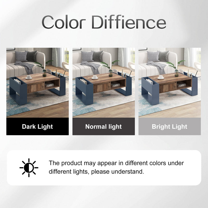 Table basse effet bois 1 tiroir niche ouvert et rangement des 2 côtés anthracite XUGZOIRS
