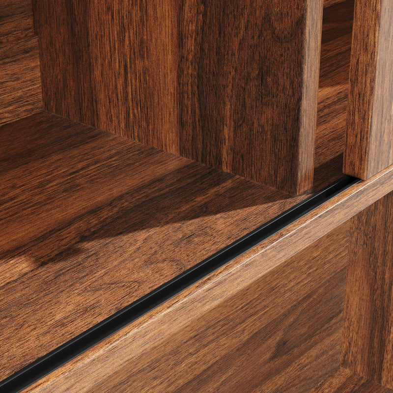 Buffet haut vaisselier effet bois noyer et vitrine en verre avec éclairage LED intelligent XYLEM