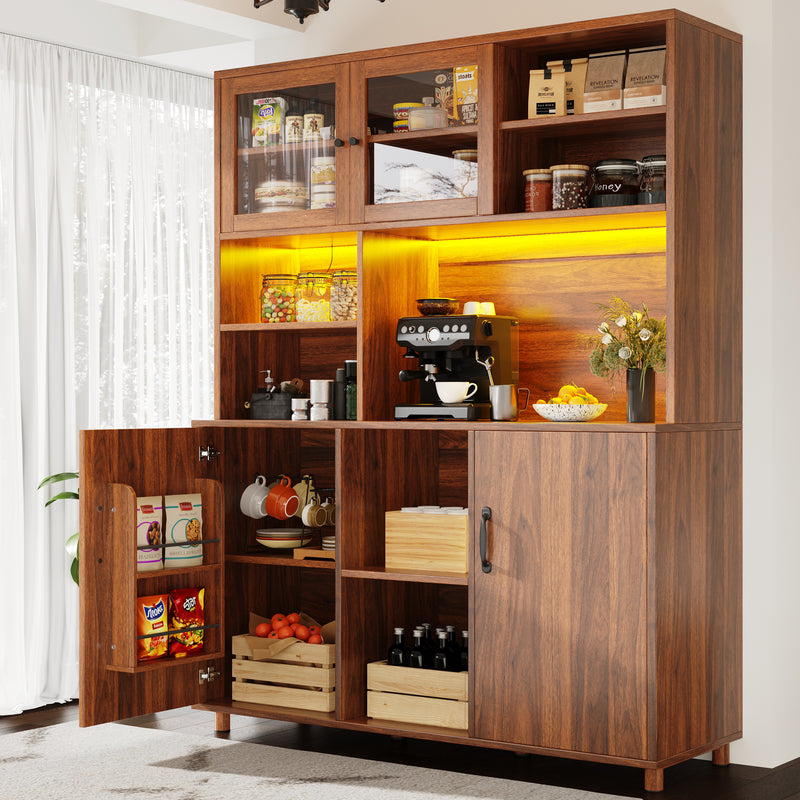 Buffet haut vaisselier effet bois noyer et vitrine en verre avec éclairage LED intelligent XYLEM