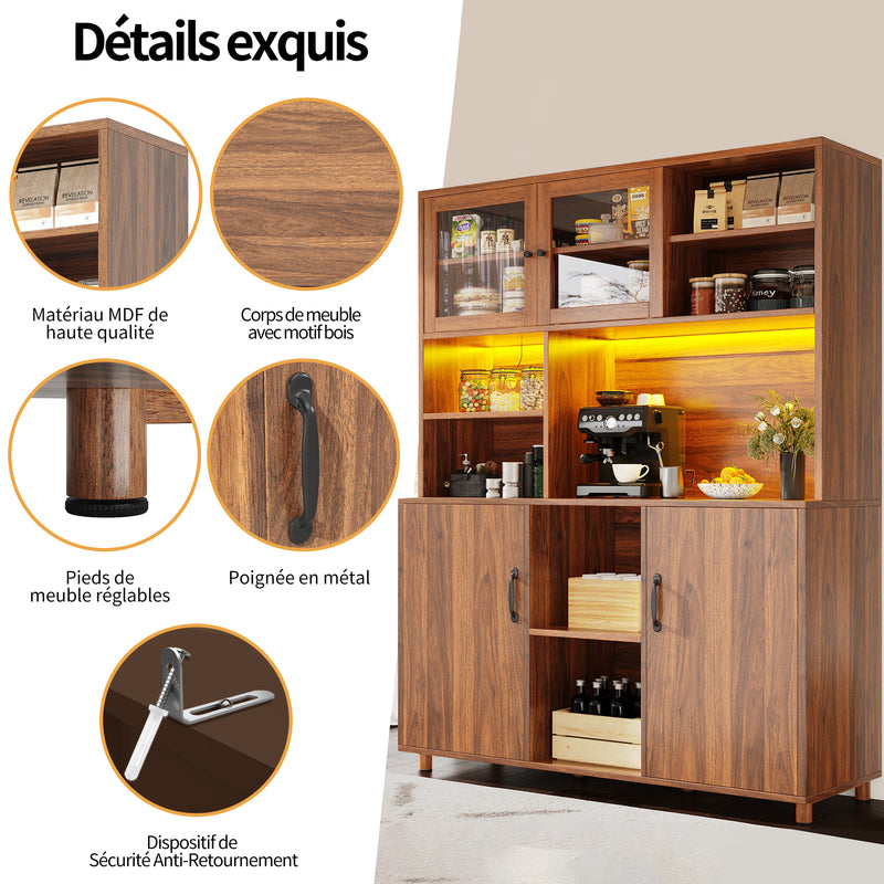 Buffet haut vaisselier effet bois noyer et vitrine en verre avec éclairage LED intelligent XYLEM