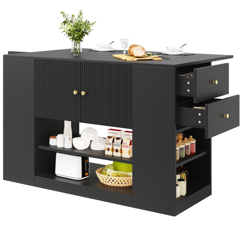 Îlot de cuisine noir motif ondulé extensible avec plateau pliant YICHIEH