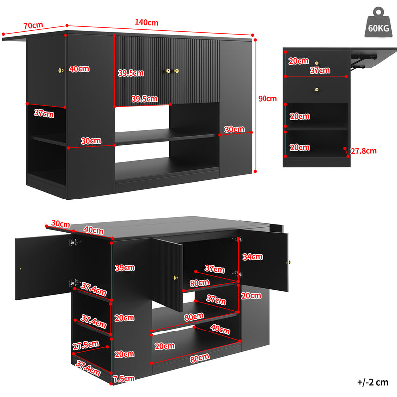 Îlot de cuisine noir motif ondulé extensible avec plateau pliant YICHIEH