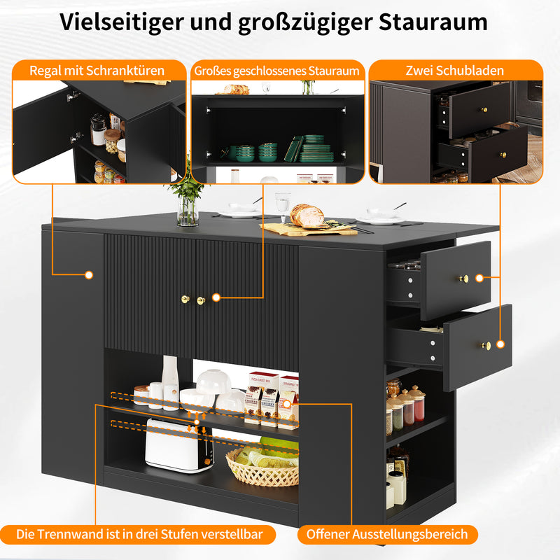 Îlot de cuisine noir motif ondulé extensible avec plateau pliant YICHIEH