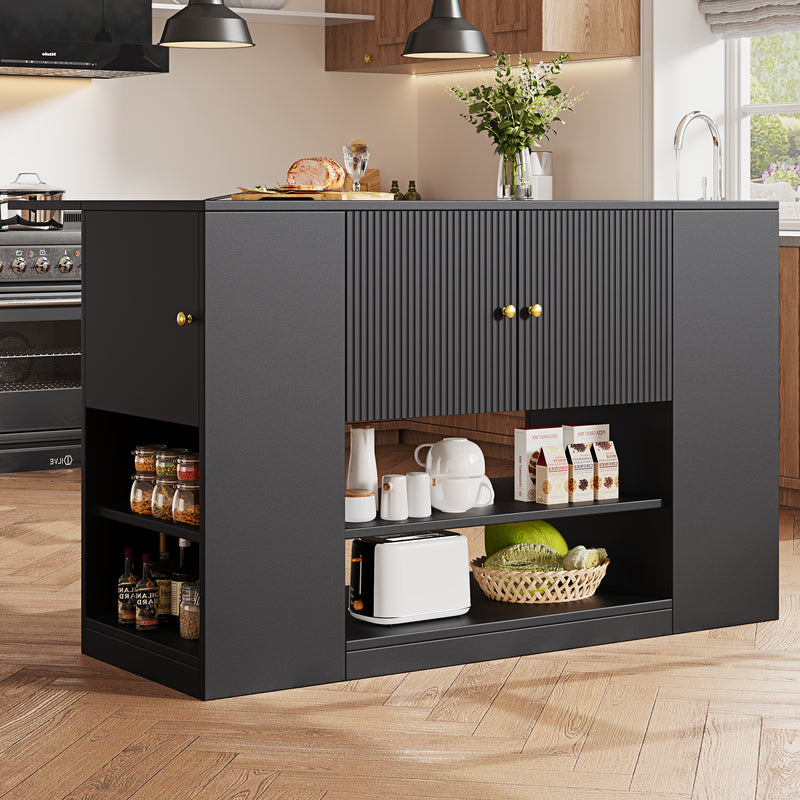 Îlot de cuisine noir motif ondulé extensible avec plateau pliant YICHIEH