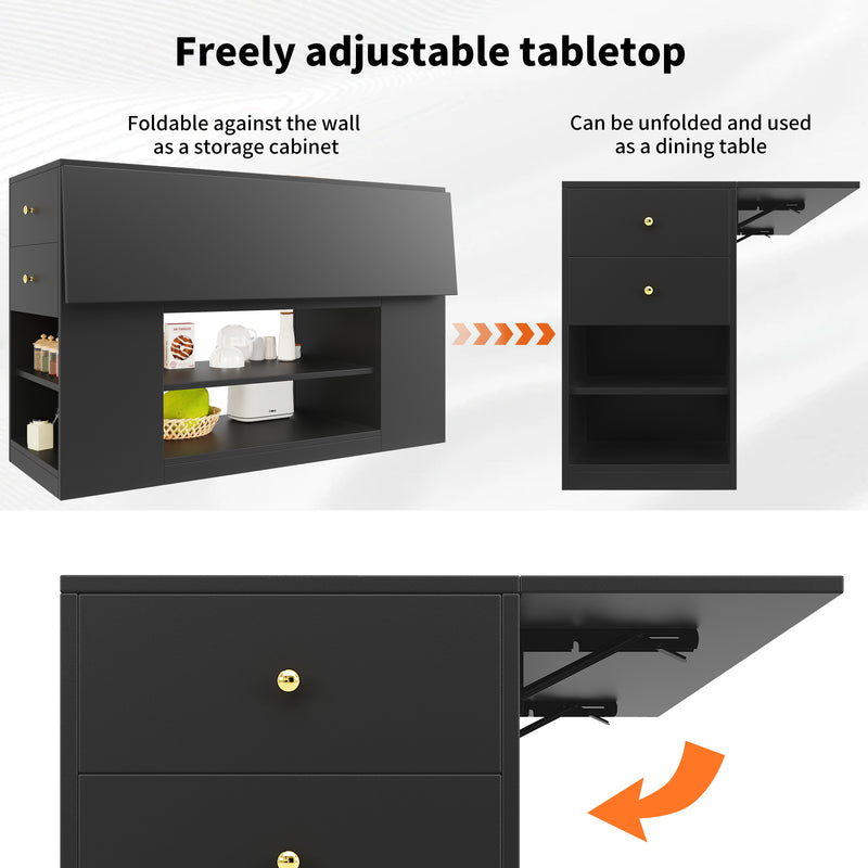 Îlot de cuisine noir motif ondulé extensible avec plateau pliant YICHIEH