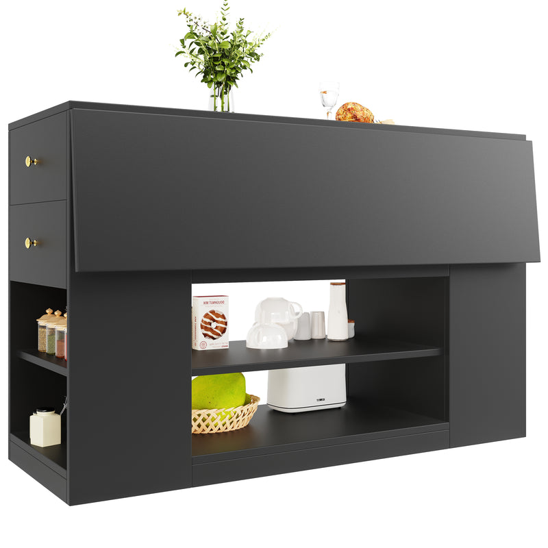 Îlot de cuisine noir motif ondulé extensible avec plateau pliant YICHIEH