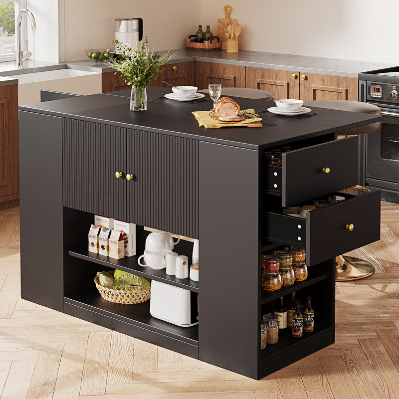 Îlot de cuisine noir motif ondulé extensible avec plateau pliant YICHIEH