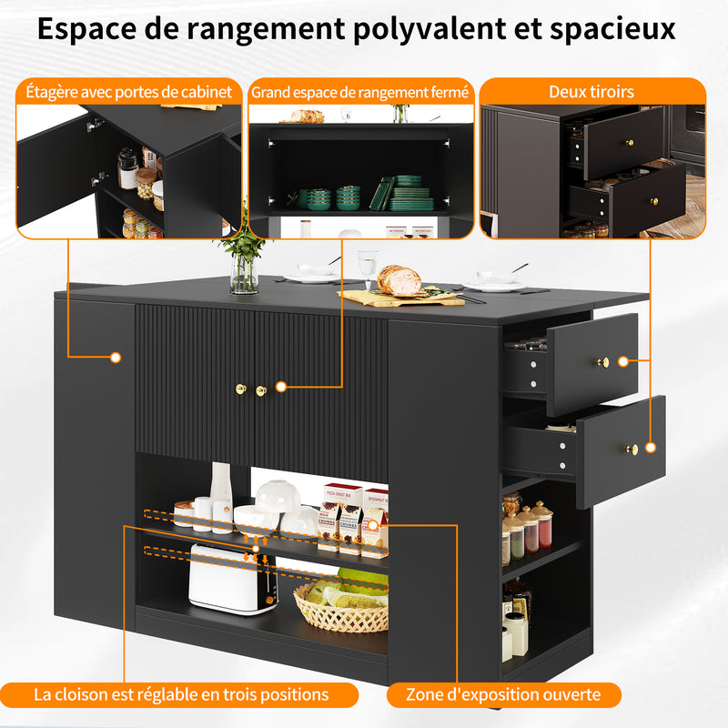 Îlot de cuisine noir motif ondulé extensible avec plateau pliant YICHIEH