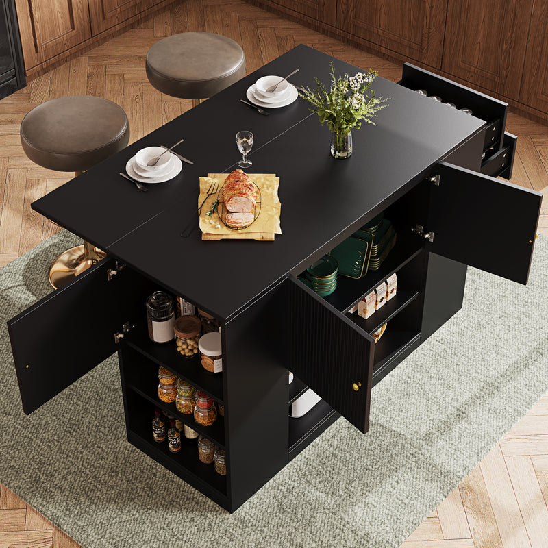 Îlot de cuisine noir motif ondulé extensible avec plateau pliant YICHIEH