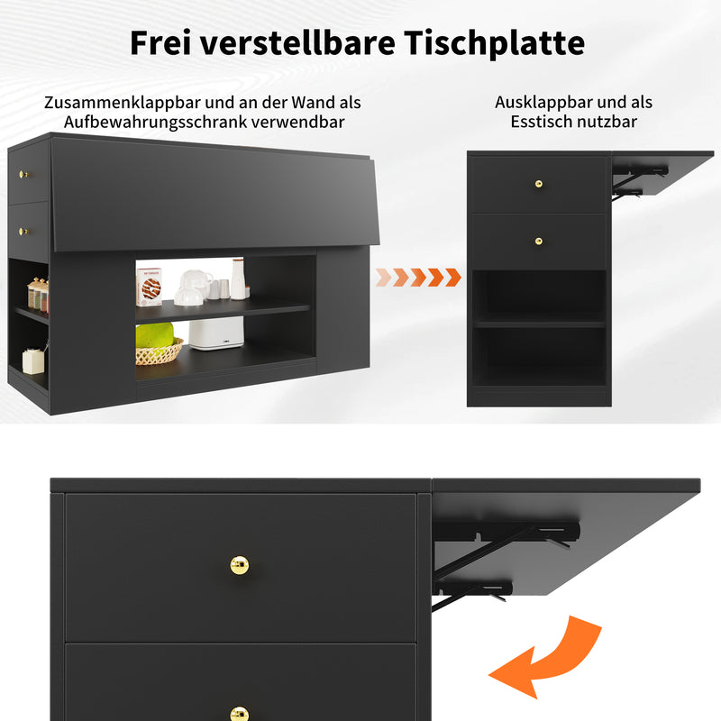 Îlot de cuisine noir motif ondulé extensible avec plateau pliant YICHIEH