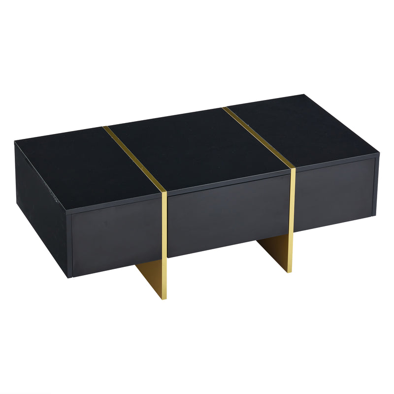 Table basse rectangulaire noire brillant 4 tiroirs accents dorés YIHRETH
