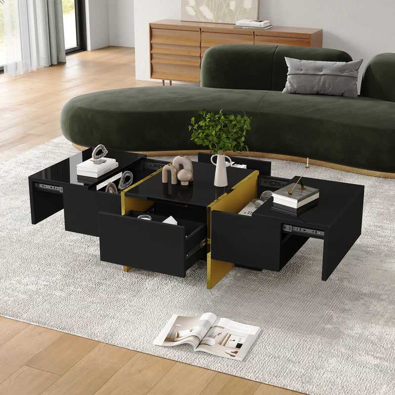 Table basse rectangulaire noire brillant 4 tiroirs accents dorés YIHRETH