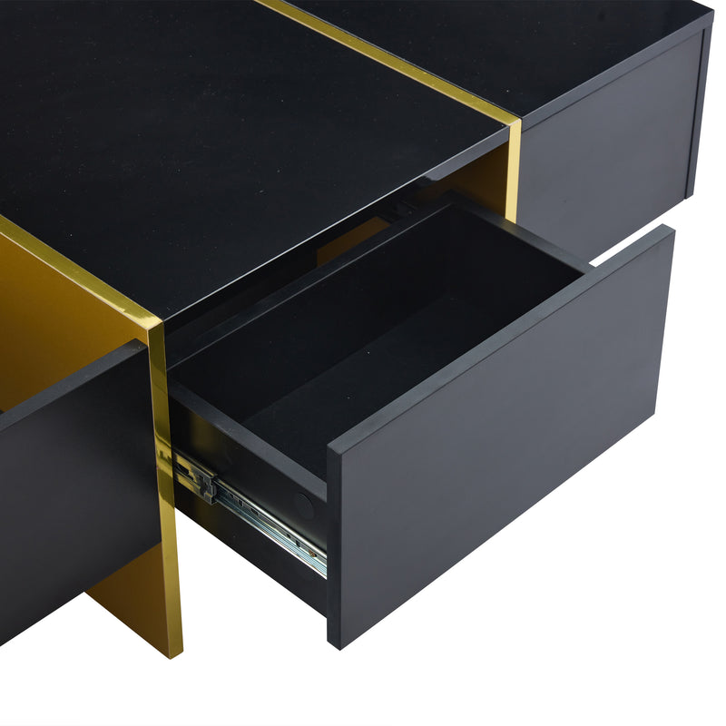 Table basse rectangulaire noire brillant 4 tiroirs accents dorés YIHRETH