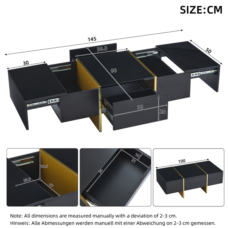 Table basse rectangulaire noire brillant 4 tiroirs accents dorés YIHRETH