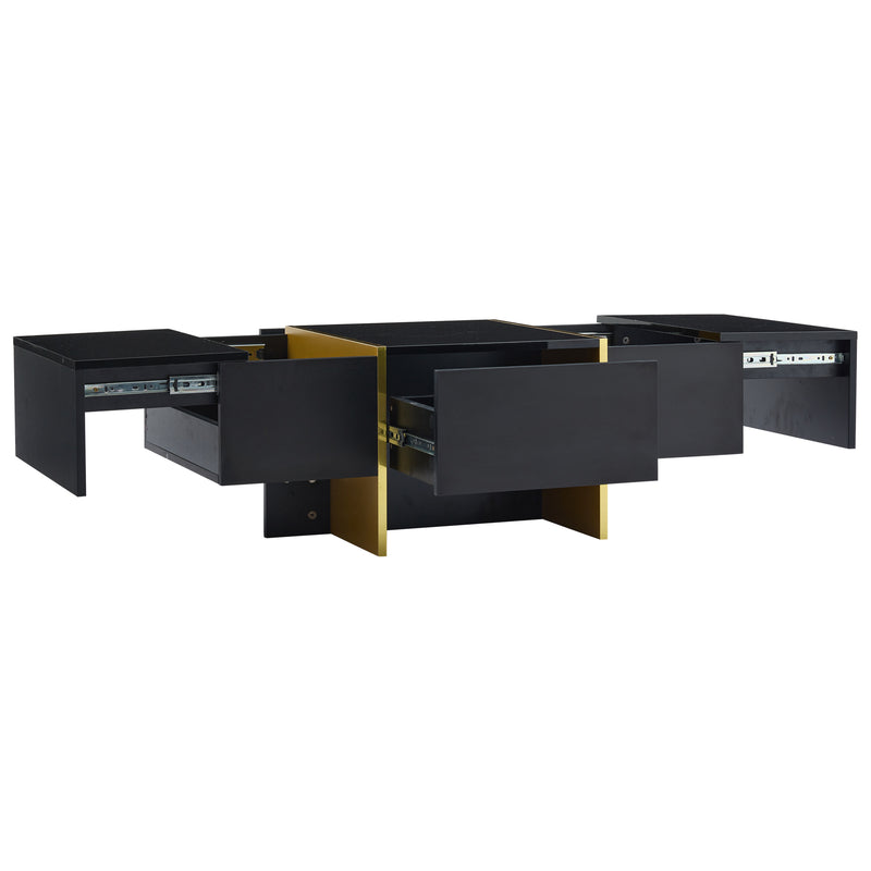 Table basse rectangulaire noire brillant 4 tiroirs accents dorés YIHRETH