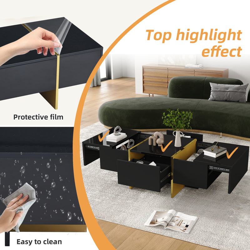 Table basse rectangulaire noire brillant 4 tiroirs accents dorés YIHRETH
