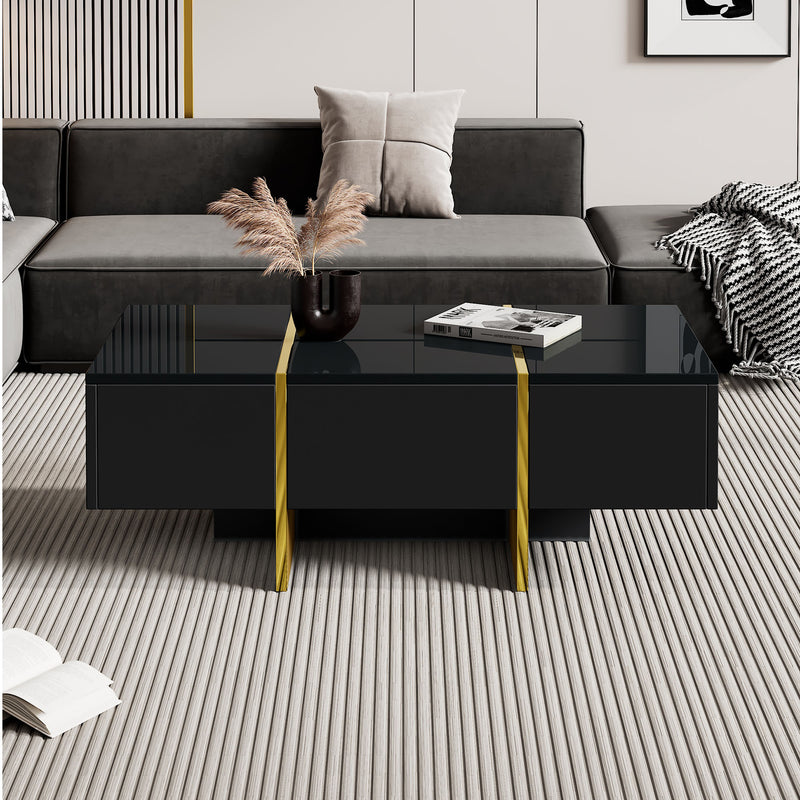 Table basse rectangulaire noire brillant 4 tiroirs accents dorés YIHRETH