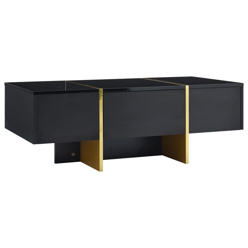 Table basse rectangulaire noire brillant 4 tiroirs accents dorés YIHRETH