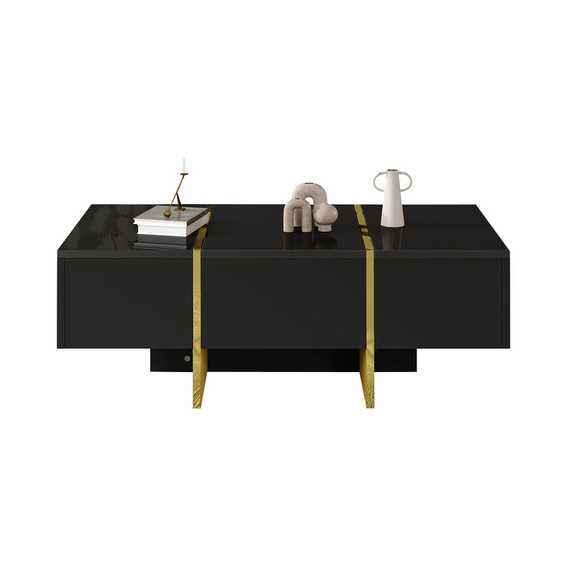 Table basse rectangulaire noire brillant 4 tiroirs accents dorés YIHRETH