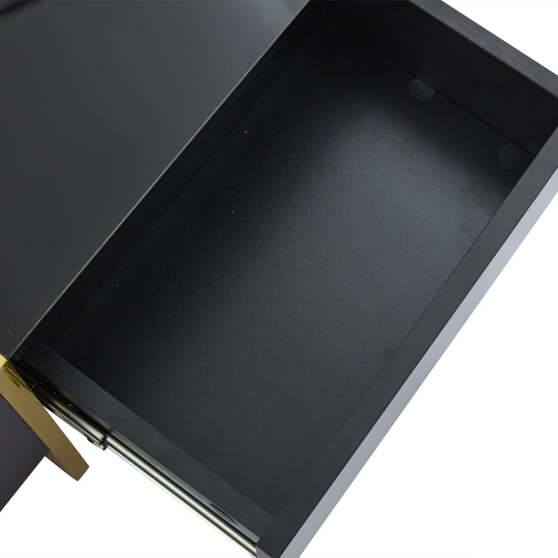 Table basse rectangulaire noire brillant 4 tiroirs accents dorés YIHRETH