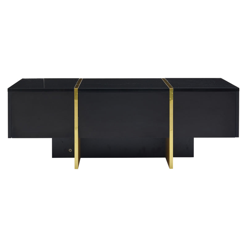 Table basse rectangulaire noire brillant 4 tiroirs accents dorés YIHRETH