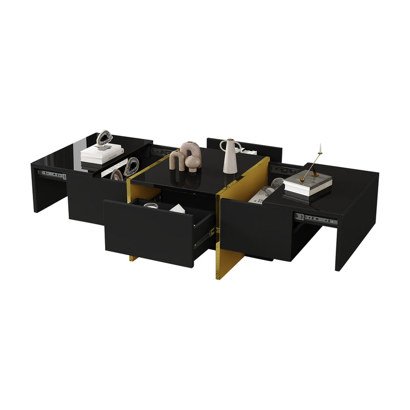 Table basse rectangulaire noire brillant 4 tiroirs accents dorés YIHRETH